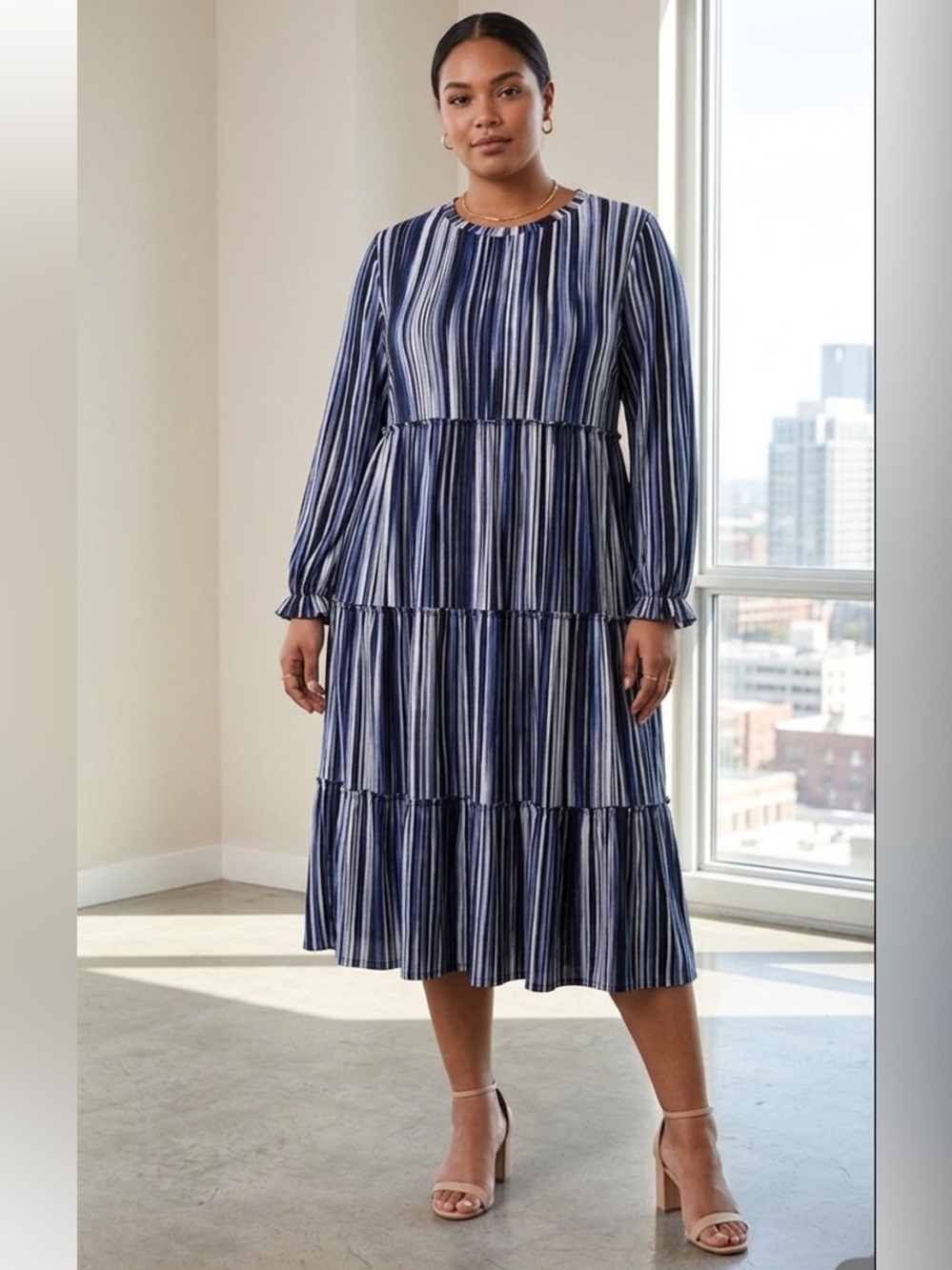 LuLaRoe Blue and White Striped Midi Dress. Size 2XL. EUC